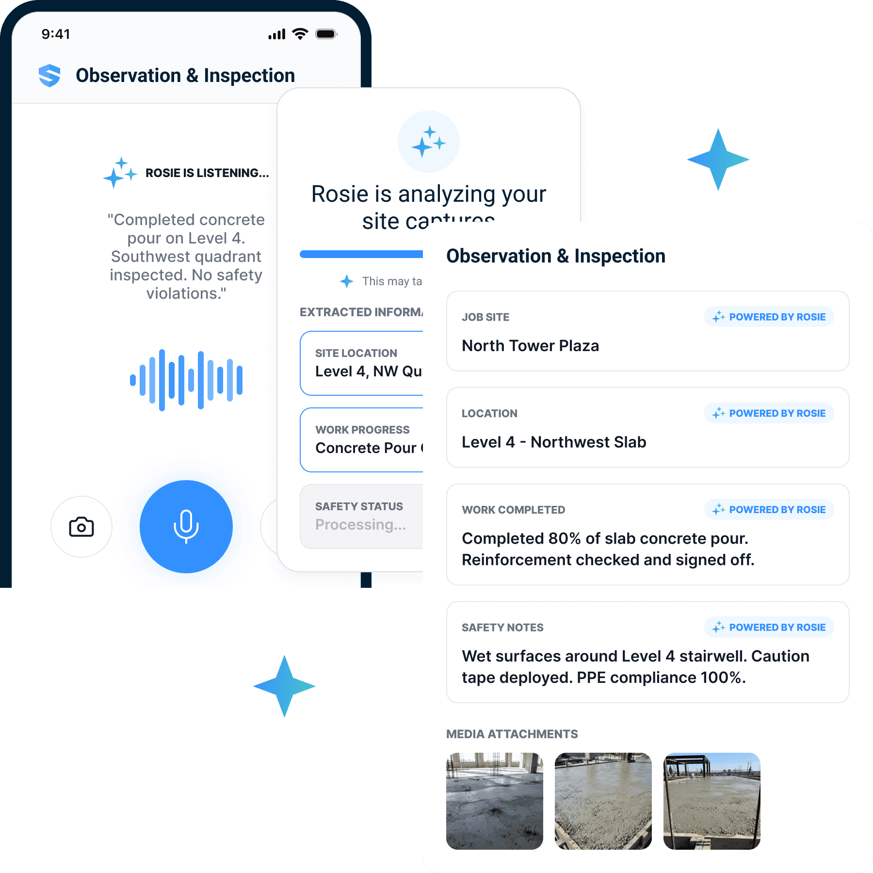 Rosie turning a voice note into a structured site capture
